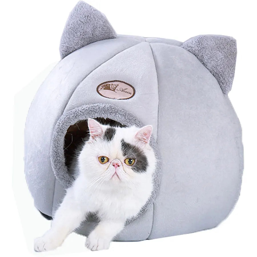 Plush Cat House Cave Bed with Removable Cushion
