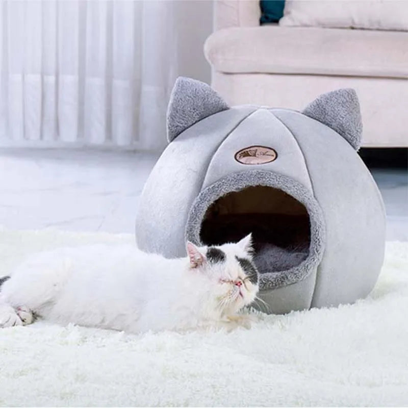 Plush Cat House Cave Bed with Removable Cushion
